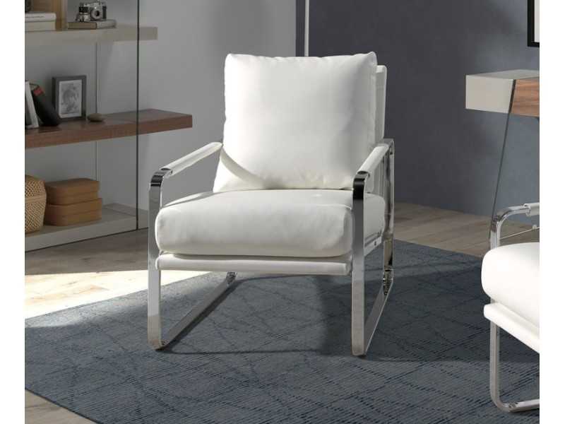 Sillón tapizado en piel sintética con estructura en acero inoxidable - COSMET BLANCO
