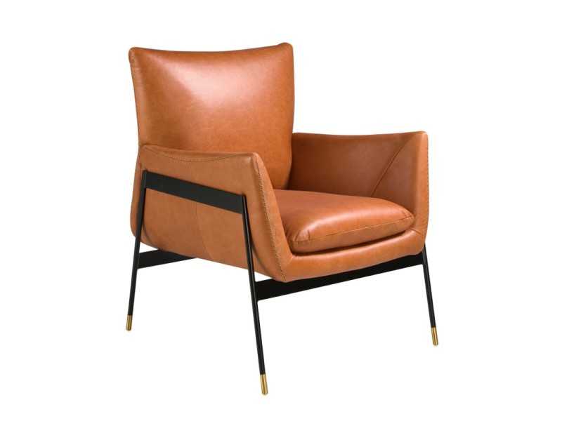 Fauteuil tapissé de cuir véritable et structure en acier époxy noir - BASTIAN MARRÓN