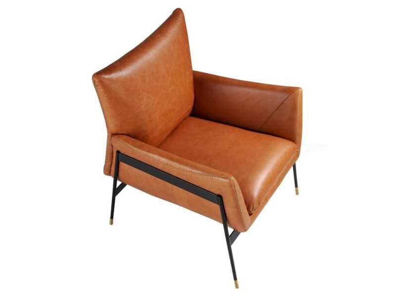 Fauteuil tapissé de cuir véritable et structure en acier époxy noir - BASTIAN MARRÓN
