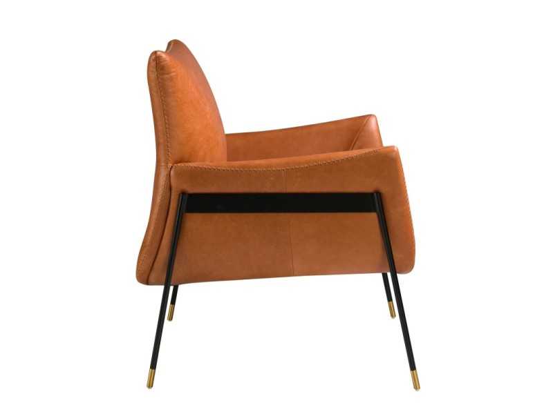 Fauteuil tapissé de cuir véritable et structure en acier époxy noir - BASTIAN MARRÓN