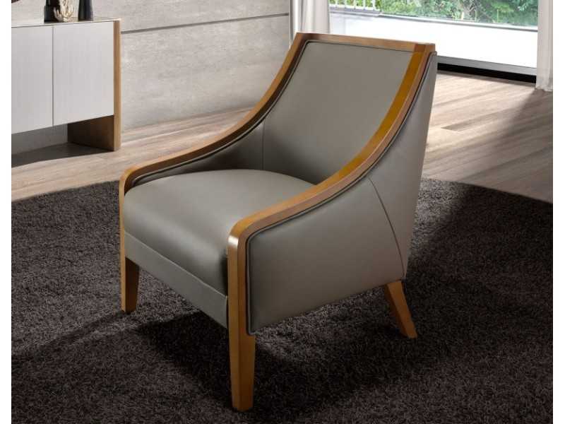 Fauteuil tapissé en cuir véritable avec bois apparent - AGNÉS