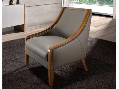 Sillón tapizado en piel genuina con madera vista - AGNÉS
