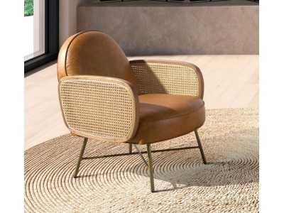 Fauteuil design moderne tapissé de cuir véritable avec pieds en acier inoxydable doré - AABERT