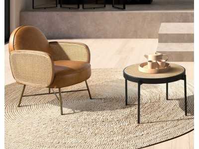 Modern designer armchair upholstered in genuine leather with gold stainless steel legs - AABERT