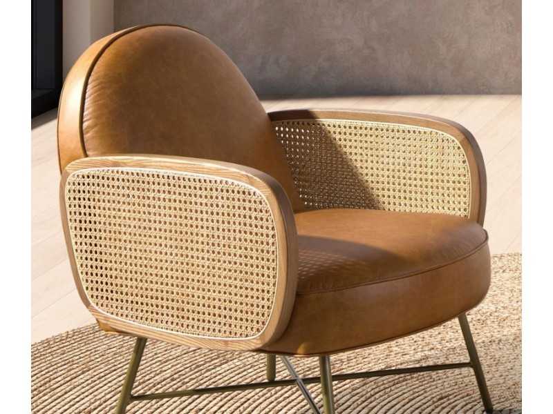 Fauteuil design moderne tapissé de cuir véritable avec pieds en acier inoxydable doré - AABERT