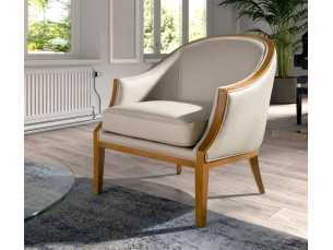 Sillón de diseño clásico tapizado en piel genuina con madera vista - ISABELINNE