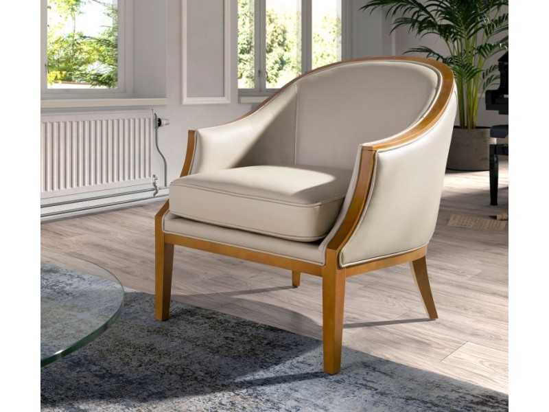 Fauteuil design classique tapissé de cuir véritable et bois apparent - ISABELINNE