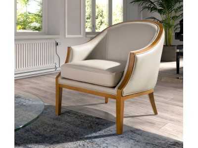 Sillón de diseño clásico tapizado en piel genuina con madera vista - ISABELINNE