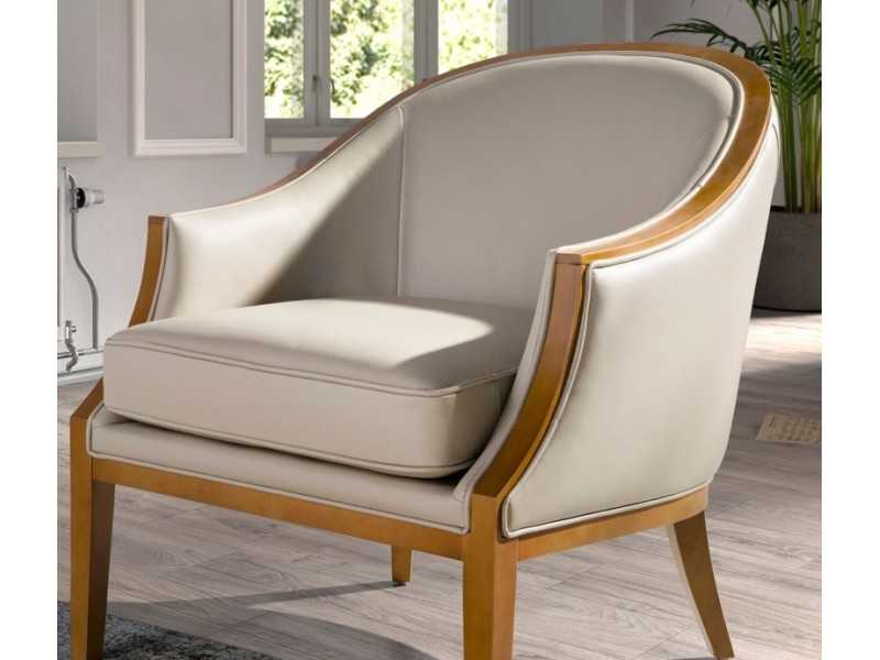 Sillón de diseño clásico tapizado en piel genuina con madera vista - ISABELINNE