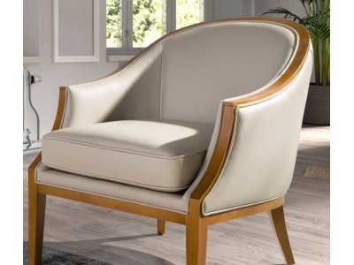 Sillón de diseño clásico tapizado en piel genuina con madera vista - ISABELINNE