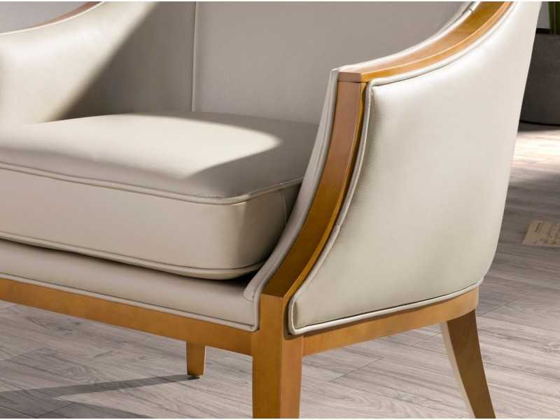 Classic design armchair upholstered in genuine leather with exposed wood - ISABELINNE
