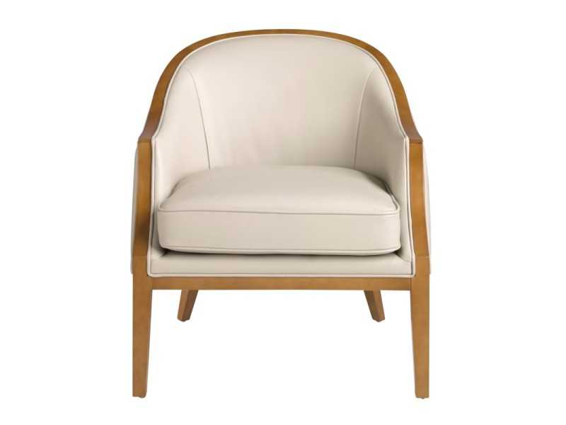 Fauteuil design classique tapissé de cuir véritable et bois apparent - ISABELINNE