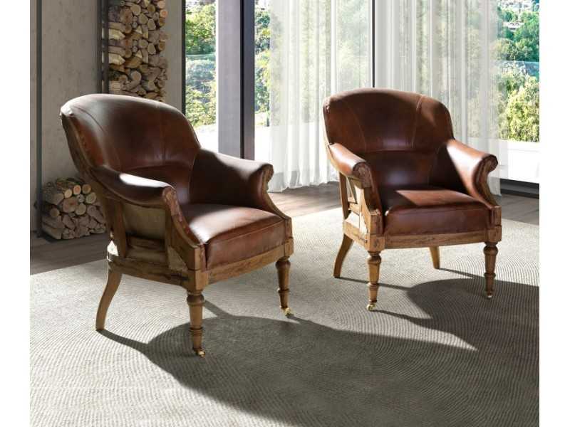 Fauteuil design vintage tapissé de cuir véritable - BOURBON