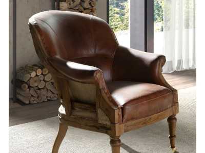 Vintage design armchair upholstered in genuine leather - BOURBON