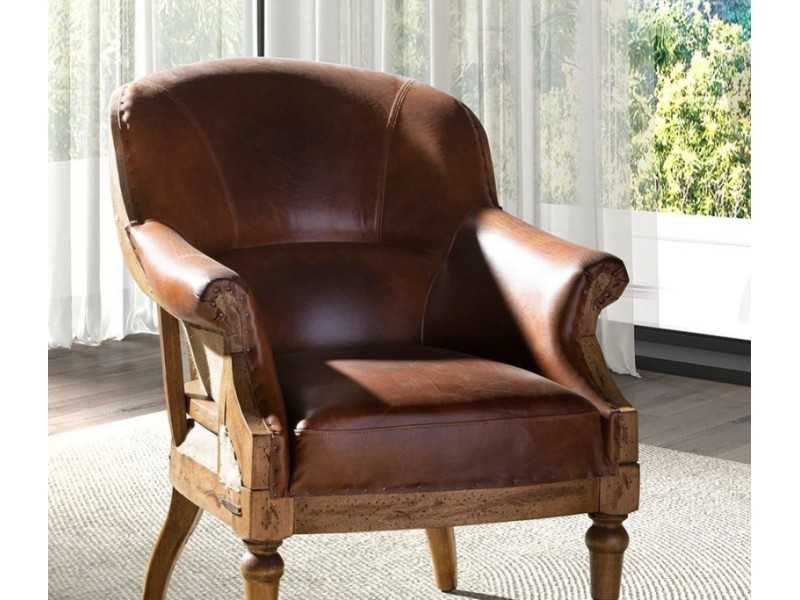 Vintage design armchair upholstered in genuine leather - BOURBON