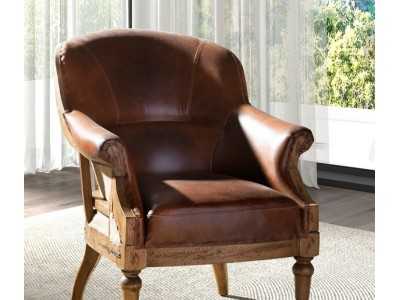 Vintage design armchair upholstered in genuine leather - BOURBON