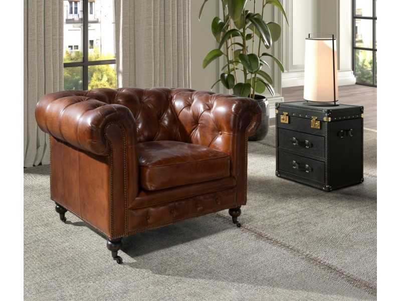 Sillón chester de diseño clásico tapizado en piel genuina con ruedas - ARIZONA