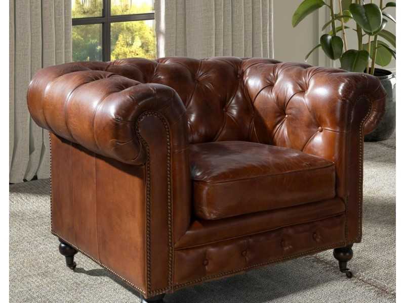 Classic Chester armchair upholstered in genuine leather with casters - ARIZONA