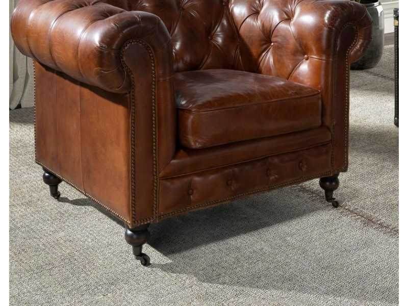 Classic Chester armchair upholstered in genuine leather with casters - ARIZONA