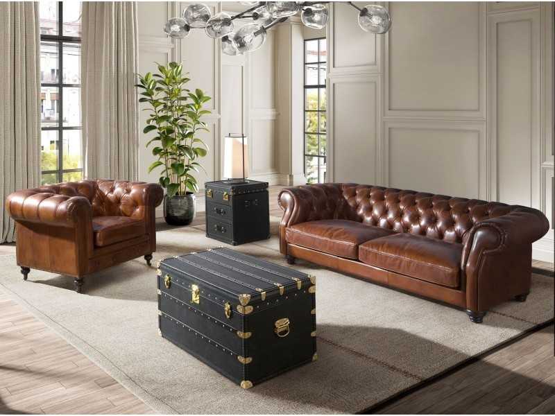 Classic Chester armchair upholstered in genuine leather with casters - ARIZONA