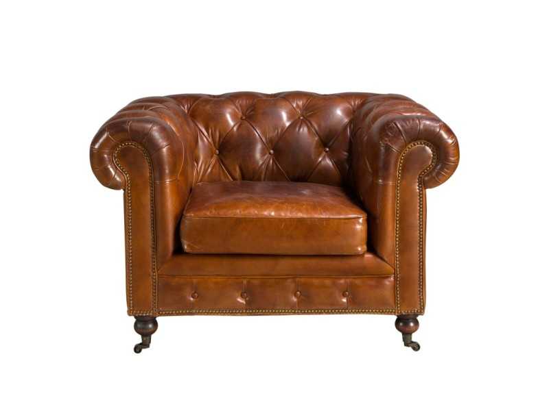 Classic Chester armchair upholstered in genuine leather with casters - ARIZONA