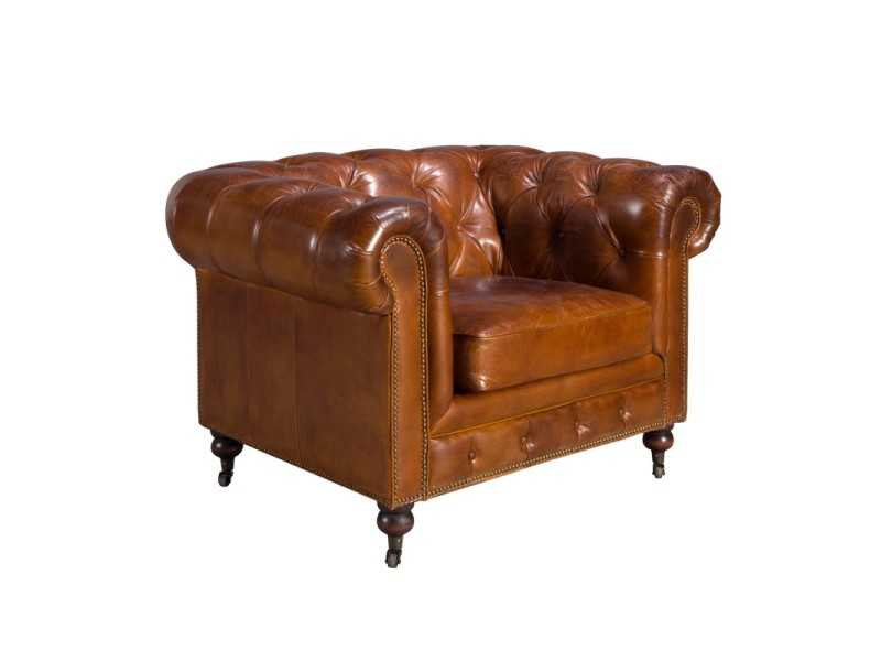 Classic Chester armchair upholstered in genuine leather with casters - ARIZONA