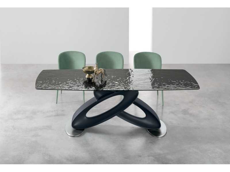 Table design avec plateau fixe en verre ondulé ou en marbre porcelaine - ALESSANDRO FIJA