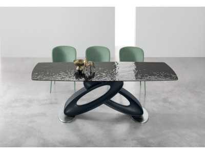 Table design avec plateau fixe en verre ondulé ou en marbre porcelaine - ALESSANDRO FIJA