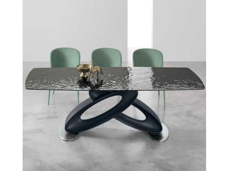 Table design avec plateau fixe en verre ondulé ou en marbre porcelaine - ALESSANDRO FIJA