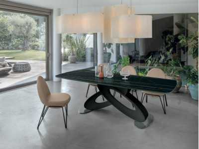 Table design avec plateau fixe en verre ondulé ou en marbre porcelaine - ALESSANDRO FIJA