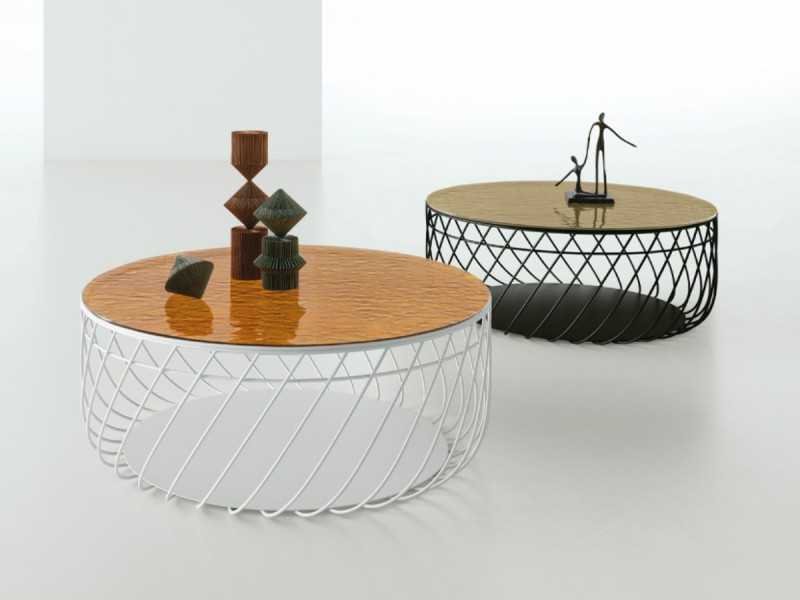 Table basse ronde en acier laqué avec plateau en marbre porcelaine ou en verre ondulé - ABRACCIO