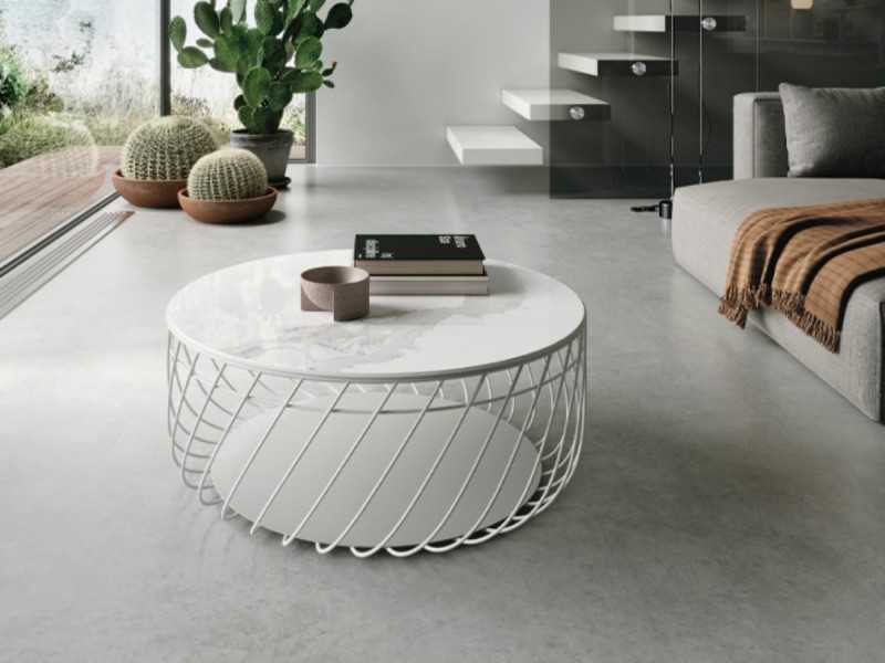 Round coffee table made of lacquered steel with a porcelain marble or wavy glass top - ABRACCIO