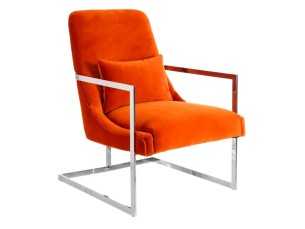 Fauteuil tapissé en velours orange et acier inoxydable - NOVA