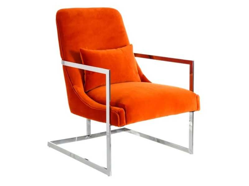Orange velvet and stainless steel upholstered armchair - NOVA