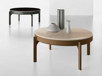 Mesa de centro redonda de acero inoxidable lacado y tapa de mármol porcelánico - ABBIE