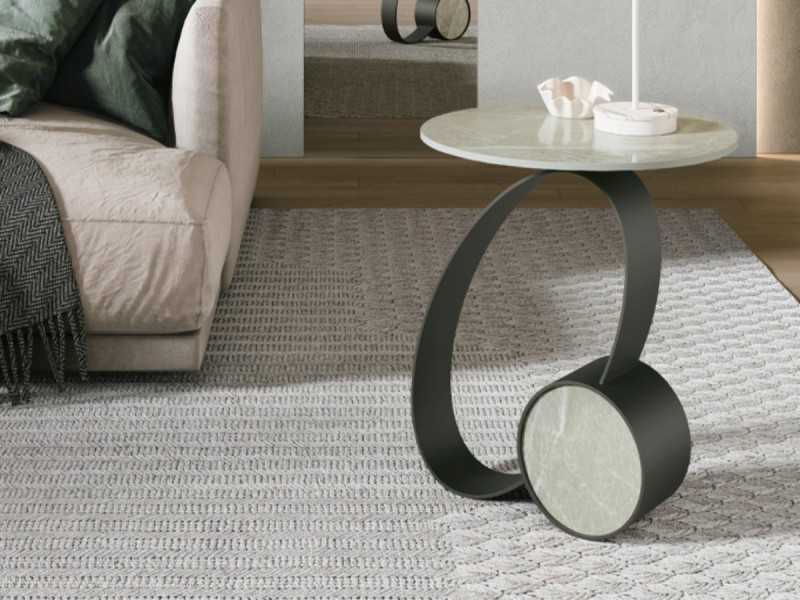 Corner table with lacquered stainless steel base and porcelain marble top - ABANN