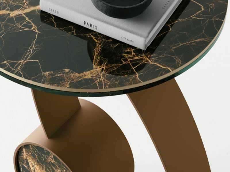 Mesa de rincón con base de acero inoxidable lacado y tapa de mármol porcelánico - ABANN