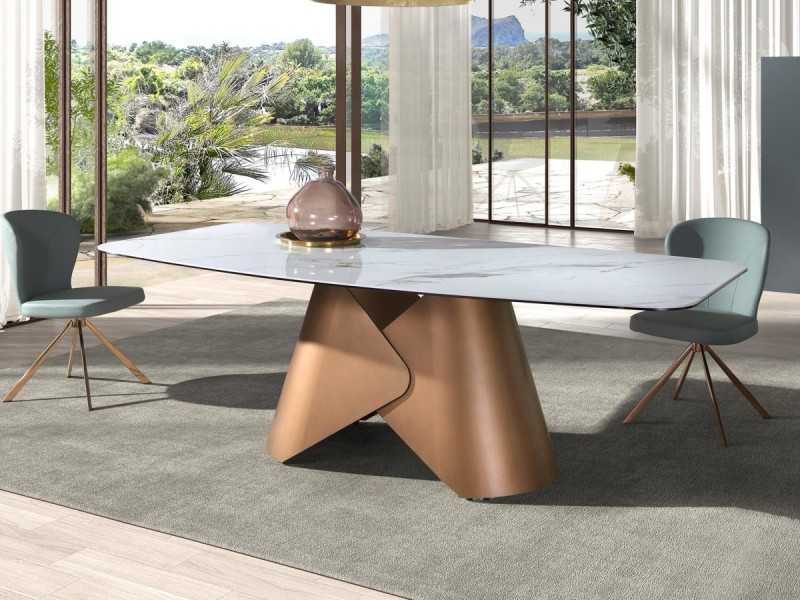 Oval table with fixed porcelain marble top and stainless steel base - ABACO