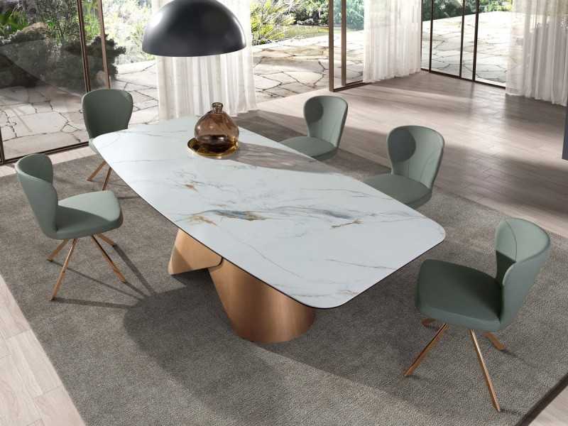 Mesa ovalada con tapa fija de mármol porcelánico y base en acero inoxidable - ABACO