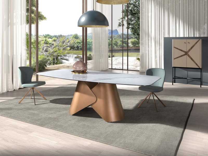 Mesa ovalada con tapa fija de mármol porcelánico y base en acero inoxidable - ABACO