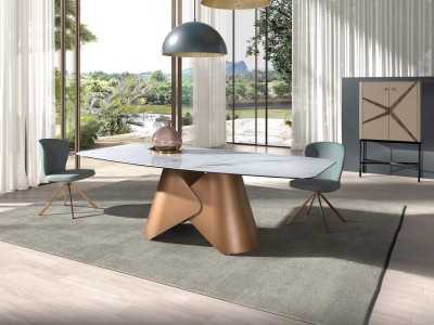 Mesa ovalada con tapa fija de mármol porcelánico y base en acero inoxidable - ABACO Mesa ovalada con tapa fija de mármol porcelánico y base en acero inoxidable - ABACO