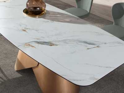 Mesa ovalada con tapa fija de mármol porcelánico y base en acero inoxidable - ABACO Mesa ovalada con tapa fija de mármol porcelánico y base en acero inoxidable - ABACO
