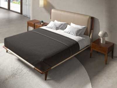 Cama completa de diseño moderno con cabecero tapizado y estructura en nogal - EVA