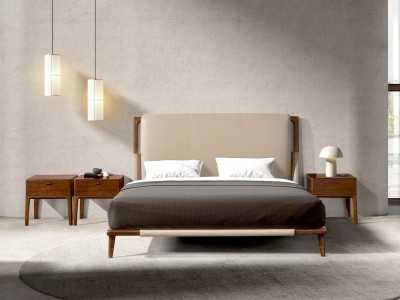 Complete bed with a modern design and upholstered headboard and walnut frame - EVA