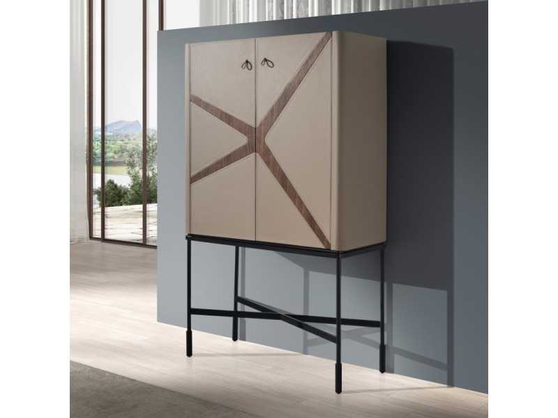 Buffet haut/meuble bar tapissé de cuir véritable avec détails en noyer - ABBA