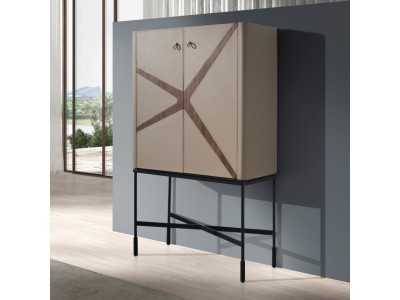 High sideboard/bar cabinet upholstered in genuine leather with walnut details - ABBA