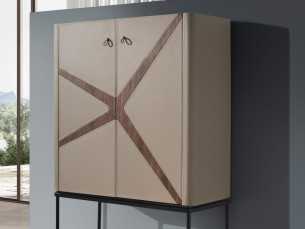 Buffet haut/meuble bar tapissé de cuir véritable avec détails en noyer - ABBA 2