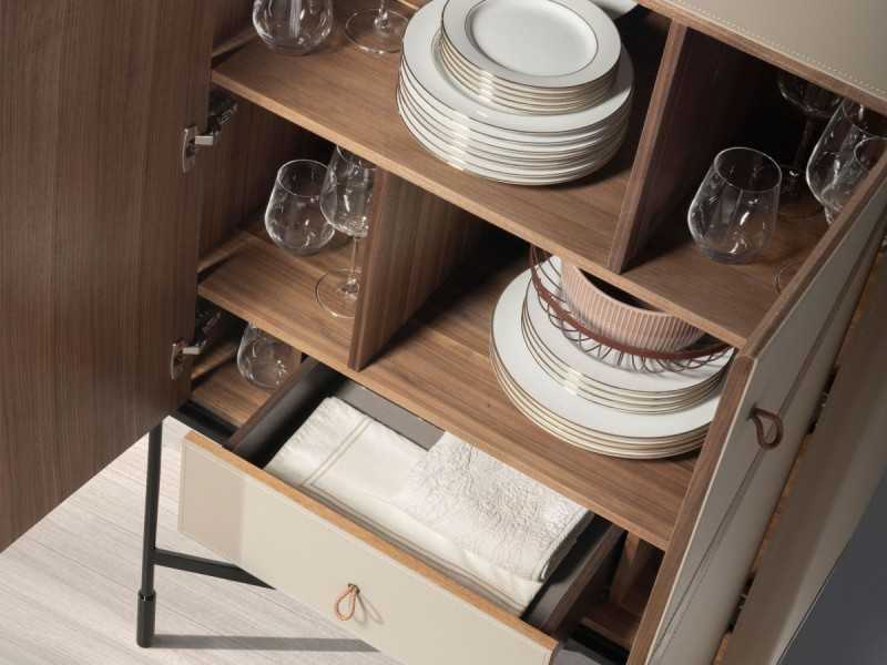 High sideboard/bar cabinet upholstered in genuine leather with walnut details - ABBA