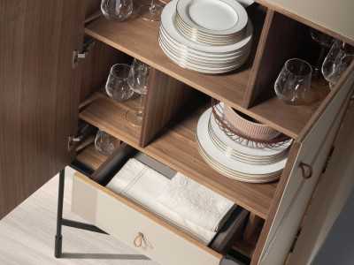 High sideboard/bar cabinet upholstered in genuine leather with walnut details - ABBA