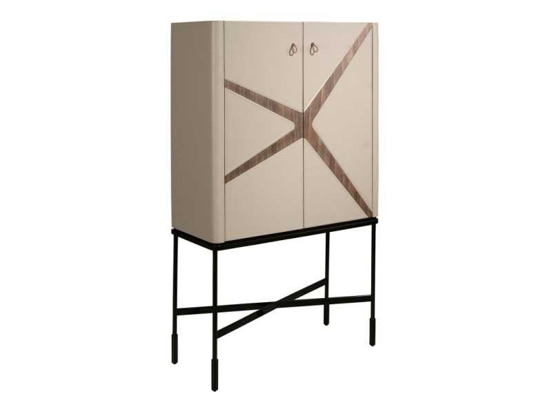 High sideboard/bar cabinet upholstered in genuine leather with walnut details - ABBA